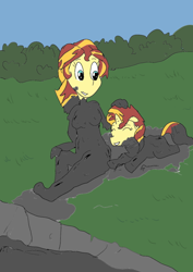 Size: 424x600 | Tagged: safe, sunset shimmer, pony, equestria girls, colored, human ponidox, mud, muddy, self ponidox