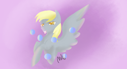 Size: 1440x785 | Tagged: safe, artist:vivianity, derpy hooves, pegasus, pony, gradient background, solo, spread wings, tongue out