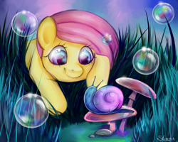 Size: 1300x1040 | Tagged: safe, artist:stasy-macalister, fluttershy, pegasus, pony, cute, snail, solo, speedpaint available