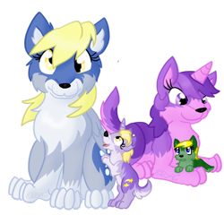 Size: 1024x1024 | Tagged: safe, artist:usagi-zakura, amethyst star, derpy hooves, dinky hooves, sparkler, pegasus, pony, wolf, female, jenny, my little wolf, simple background, species swap, transparent background