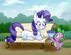 Size: 3000x2300 | Tagged: safe, artist:gumlball, rarity, spike, dragon, pony, unicorn, :o, bench, blushing, bouquet, colored pupils, cute, eye contact, female, flower, looking at each other, male, park, prone, shipping, smiling, sparity, straight, surprised, wide eyes