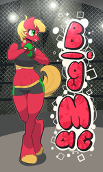 Size: 900x1500 | Tagged: safe, artist:pashoo, big macintosh, macareina, anthro, unguligrade anthro, bandage, belly button, clothes, female, gloves, midriff, rule 63, smirk, solo, sports bra, steel cage, wide hips, workout outfit, wrestling, wrestling ring