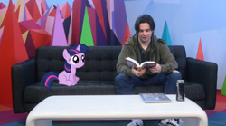 Size: 1022x569 | Tagged: safe, derpibooru import, twilight sparkle, human, arin hanson, book, egoraptor, filly, filly twilight sparkle, game grumps, irl, irl human, photo, ponies in real life