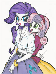 Size: 1205x1574 | Tagged: safe, artist:ponygoddess, rarity, sweetie belle, equestria girls, hug, hug from behind, sisters, traditional art, watermark