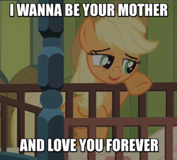 Size: 606x549 | Tagged: safe, screencap, applejack, earth pony, pony, fanfic:pattycakes, somepony to watch over me, image macro, meme, quote, solo