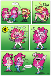 Size: 1470x2205 | Tagged: safe, artist:joeywaggoner, pinkie pie, sunset shimmer, human, better together, equestria girls, assimilation, boots, character to character, clapping, clothes, comic, commission, cute, duality, exclamation point, eyes closed, high heel boots, high heels, human coloration, humanized, implied fluttershy, mask, mental shift, miniskirt, onomatopoeia, pantyhose, pinkie mask, sandals, self paradox, shoes, signature, skirt, smiling, socks, striped pantyhose, the mask, transformation, transforming clothes, triality, twinning, xk-class end-of-the-world scenario