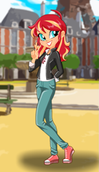 Size: 415x720 | Tagged: safe, artist:spike fancy, sunset shimmer, equestria girls, converse, crossover, dressup, female, games, looking at you, miraculous ladybug, shoes, smiling, sneakers, style emulation