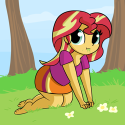Size: 1650x1650 | Tagged: safe, artist:tjpones, sunset shimmer, equestria girls, all fours, barefoot, cute, eating, feet, female, grass, grazing, homesick shimmer, humans doing horse things, shimmerbetes, solo, sunset wants her old digestive system back