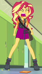 Size: 496x863 | Tagged: safe, edit, screencap, sunset shimmer, equestria girls, equestria girls series, forgotten friendship, angry, boots, bread, clothes, coin, cropped, eyes closed, female, food, geode of empathy, jacket, leather jacket, lockers, magical geodes, open mouth, shoes, solo