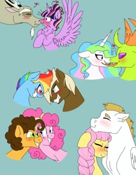 Size: 1536x1977 | Tagged: safe, artist:loxotictoxic, derpibooru import, bulk biceps, cheese sandwich, discord, dumbbell, fluttershy, pinkie pie, princess celestia, rainbow dash, thorax, twilight sparkle, twilight sparkle (alicorn), alicorn, changedling, changeling, earth pony, pegasus, pony, bust, cheesepie, chest fluff, discolight, disembodied head, dumbdash, female, flutterbulk, head, king thorax, male, shipping, straight, thoralestia