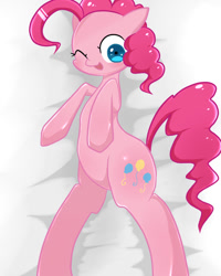 Size: 800x1000 | Tagged: safe, artist:anko, pinkie pie, earth pony, pony, cute, diapinkes, featureless crotch, female, lying down, on back, one eye closed, open mouth, pixiv, solo, wink