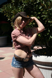 Size: 900x1350 | Tagged: safe, artist:rougeleaderred, applejack, human, belly, belly button, boots, cosplay, cowboy hat, hat, irl, irl human, photo, solo