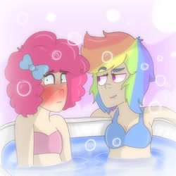 Size: 1000x1000 | Tagged: safe, artist:pre02, derpibooru import, pinkie pie, rainbow dash, human, bath, female, humanized, lesbian, pinkiedash, shipping, steamy