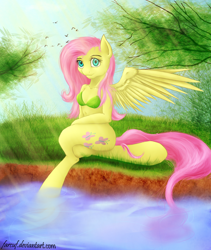 Size: 1600x1900 | Tagged: safe, artist:farcuf, fluttershy, anthro, bikini, clothes, sitting, solo, swimsuit, water