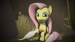 Size: 2120x1192 | Tagged: safe, artist:longsword97, fluttershy, bird, pegasus, pony, 3d, forest, solo, source filmmaker