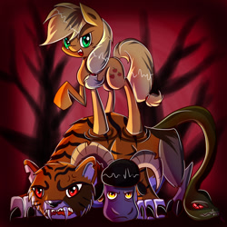 Size: 900x900 | Tagged: dead source, safe, artist:inky-pinkie, applejack, chimera sisters, chimera, earth pony, pony, somepony to watch over me, female, mare, multiple heads, raised hoof, three heads