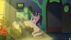 Size: 4700x2625 | Tagged: safe, artist:potato22, starlight glimmer, pony, a pile of objects, background recreation, book, inkwell, kite, light beams, paper, quill, realistic shading, room, scroll, solo, starlight's room, table