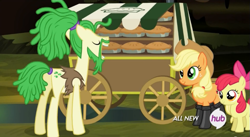 Size: 639x351 | Tagged: safe, screencap, apple bloom, applejack, earth pony, pony, somepony to watch over me, apple pie, background pony, beard, boots, cajun ponies, cart, female, filly, fireproof boots, hub logo, male, mare, pie, stallion, unnamed pony