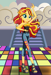 Size: 425x623 | Tagged: safe, artist:spike fancy, screencap, sunset shimmer, equestria girls, boots, clothes, cropped, dress up game, female, hairpin, high heel boots, looking at you, pants, shoes, smiling, toes