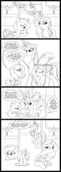 Size: 1560x4400 | Tagged: safe, artist:sketchyjackie, princess celestia, princess luna, oc, oc:fausticorn, alicorn, pony, argument, cewestia, clipboard, comic, cute, eyes closed, filly, lauren faust, levitation, lineart, magic, monochrome, nose wrinkle, raised hoof, sibling rivalry, time out, underhoof, wisdom of solomon, woona