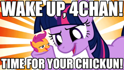 Size: 1280x720 | Tagged: safe, derpibooru import, scootaloo, twilight sparkle, 4chan, chickun, exploitable meme, meme