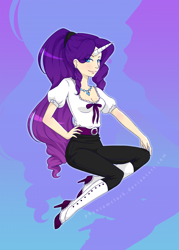 Size: 1500x2100 | Tagged: safe, artist:pettankoprincess, rarity, human, belt, blushing, clothes, earring, high heel boots, horned humanization, humanized, looking at you, necklace, piercing, smiling, solo