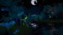 Size: 3840x2160 | Tagged: safe, artist:dj-chopin, derpy hooves, roseluck, pegasus, pony, 3d, bench, candle, doctor who, female, flower, lantern, mare, moon, night, prone, raised hoof, scenery, sleeping, source filmmaker, stars, table, tardis, water