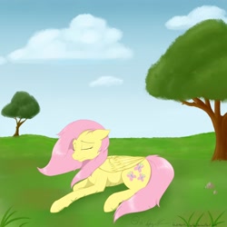 Size: 2800x2800 | Tagged: safe, artist:sydfreak2, fluttershy, pegasus, pony, eyes closed, high res, lonely, sad, scenery, solo