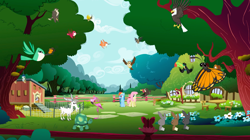 Size: 1440x809 | Tagged: safe, derpibooru import, screencap, derpy hooves, fluttershy, rainbow dash, tank, bald eagle, bat, bird, butterfly, eagle, flamingo, goat, hummingbird, insect, keel-billed toucan, owl, pegasus, pony, rabbit, tortoise, toucan, may the best pet win, animal, bird of prey, buzzard, chicken coop, falcon, female, fluttershy's cottage, flying, mare, monarch butterfly, peregrine falcon, tree, wasp