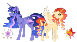 Size: 1537x856 | Tagged: safe, artist:saphi-boo, sunset shimmer, twilight sparkle, twilight sparkle (alicorn), alicorn, pony, alicornified, female, mare, race swap, shimmercorn, simple background, smiling, transparent background