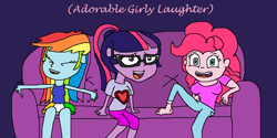 Size: 1359x677 | Tagged: safe, artist:logan jones, derpibooru import, pinkie pie, rainbow dash, sci-twi, twilight sparkle, equestria girls, alternate clothes, barefoot, clothes, cute, feet, female, glasses, ireland, irish flag, jeans, laughing, nail polish, oneyplays, pants, ponytail, shirt, skirt, sofa, subtitles, t-shirt, toes