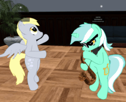 Size: 1002x814 | Tagged: safe, derpy hooves, lyra heartstrings, pegasus, pony, semi-anthro, unicorn, 3d, :t, animated, bipedal, blinking, dab, dancing, duo, female, floppy ears, gif, hoof hold, lidded eyes, mare, musical instrument, necktie, nose wrinkle, saxophone, scrunchy face, second life, spread wings, sunglasses, text, wat, wings