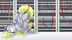 Size: 2560x1440 | Tagged: safe, artist:pearlyiridescence, derpy hooves, pegasus, pony, banner, computer, derpy hooves tech support, entangled, featureless crotch, on back, open mouth, server, solo, tangled up, underhoof, upside down, wires