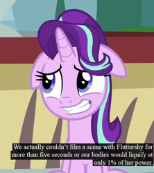 Size: 550x620 | Tagged: safe, edit, screencap, starlight glimmer, pony, unicorn, the parent map, caption, floppy ears, implied fluttershy, nervous, text