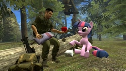 Size: 1191x670 | Tagged: safe, artist:dbuilder, derpibooru import, twilight sparkle, oc, 3d, apple, backpack, crane, forest, gmod, gun, log, rifle, sl8, turret, weapon