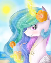 Size: 900x1100 | Tagged: safe, artist:chanceyb, princess celestia, alicorn, pony, beach, drink, flower in hair, magic, necklace, solo, summer, telekinesis