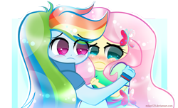 Size: 1171x714 | Tagged: safe, artist:miian123, derpibooru import, fluttershy, rainbow dash, equestria girls, blushing, crying, cute, female, flutterdash, hug, lesbian, shipping