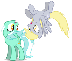 Size: 970x824 | Tagged: safe, artist:mr flabbergasted, derpy hooves, lyra heartstrings, pegasus, pony, unicorn, cross-eyed, flying, horn, looking at each other, ouch, shocked, simple background, smiling, spread wings, surprised, transparent background, upside down, vector, wings