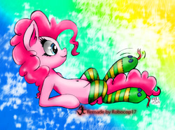 Size: 1024x760 | Tagged: safe, artist:robocop17, pinkie pie, earth pony, pony, belly button, clothes, sock puppet, socks, solo, striped socks