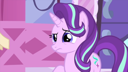 Size: 1920x1080 | Tagged: safe, screencap, starlight glimmer, pony, unicorn, rarity's biggest fan, concerned, cutie mark, female, mare, raised eyebrow, raised hoof, solo