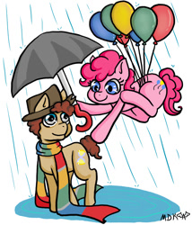 Size: 600x700 | Tagged: safe, artist:ponyinnascarf, doctor whooves, pinkie pie, earth pony, pony, balloon, doctor who, fourth doctor, rain, then watch her balloons lift her up to the sky, umbrella