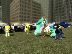 Size: 1024x768 | Tagged: safe, artist:sonic5421, princess celestia, princess luna, alicorn, pony, 3d, gmod, need for speed, need for speed: most wanted, police, police car, royal guard, royal sisters