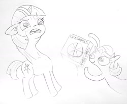 Size: 1744x1440 | Tagged: safe, artist:tjpones, starlight glimmer, twilight sparkle, pony, unicorn, disgusted, do not want, duo, female, food, grayscale, lineart, long neck, mare, monochrome, moral event horizon, open mouth, pure unfiltered evil, quesadilla, simple background, they're just so cheesy, traditional art, turophobia, varying degrees of want