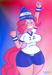 Size: 3125x4500 | Tagged: safe, artist:scobionicle99, pinkie pie, anthro, american football, andrew luck, breasts, female, indianapolis colts, nfl, pinkie pies, solo, super bowl, super bowl xlix, wide hips