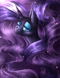 Size: 1000x1300 | Tagged: safe, artist:karmamoonshadow, idw, nightmare rarity, rarity, pony, unicorn, spoiler:comic, cute, ear fluff, long mane, nightmare raribetes, raribetes, solo, sparkles, sparkly mane