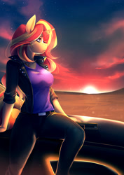 Size: 990x1400 | Tagged: safe, artist:bakki, sunset shimmer, anthro, unicorn, car, clothes, commission, female, jacket, mare, pants, rouge, shirt