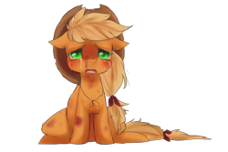 Size: 1024x683 | Tagged: safe, artist:onion-eyed-goat, applejack, earth pony, pony, crying, injured, looking at you, sad, simple background, sitting, solo