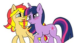 Size: 2404x1417 | Tagged: safe, artist:freezeroffire, sunset shimmer, twilight sparkle, pony, unicorn, blushing, cute, female, lesbian, looking at each other, mare, open mouth, shimmerbetes, shipping, sunsetsparkle, twiabetes