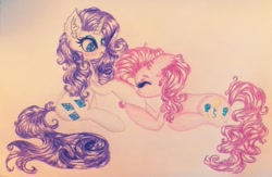 Size: 800x520 | Tagged: safe, artist:xxsharpixx, pinkie pie, rarity, earth pony, pony, unicorn, female, kissing, lesbian, raripie, shipping, traditional art