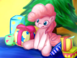 Size: 768x576 | Tagged: safe, artist:wakamidori, pinkie pie, earth pony, pony, pine tree, pixiv, present, solo, tree